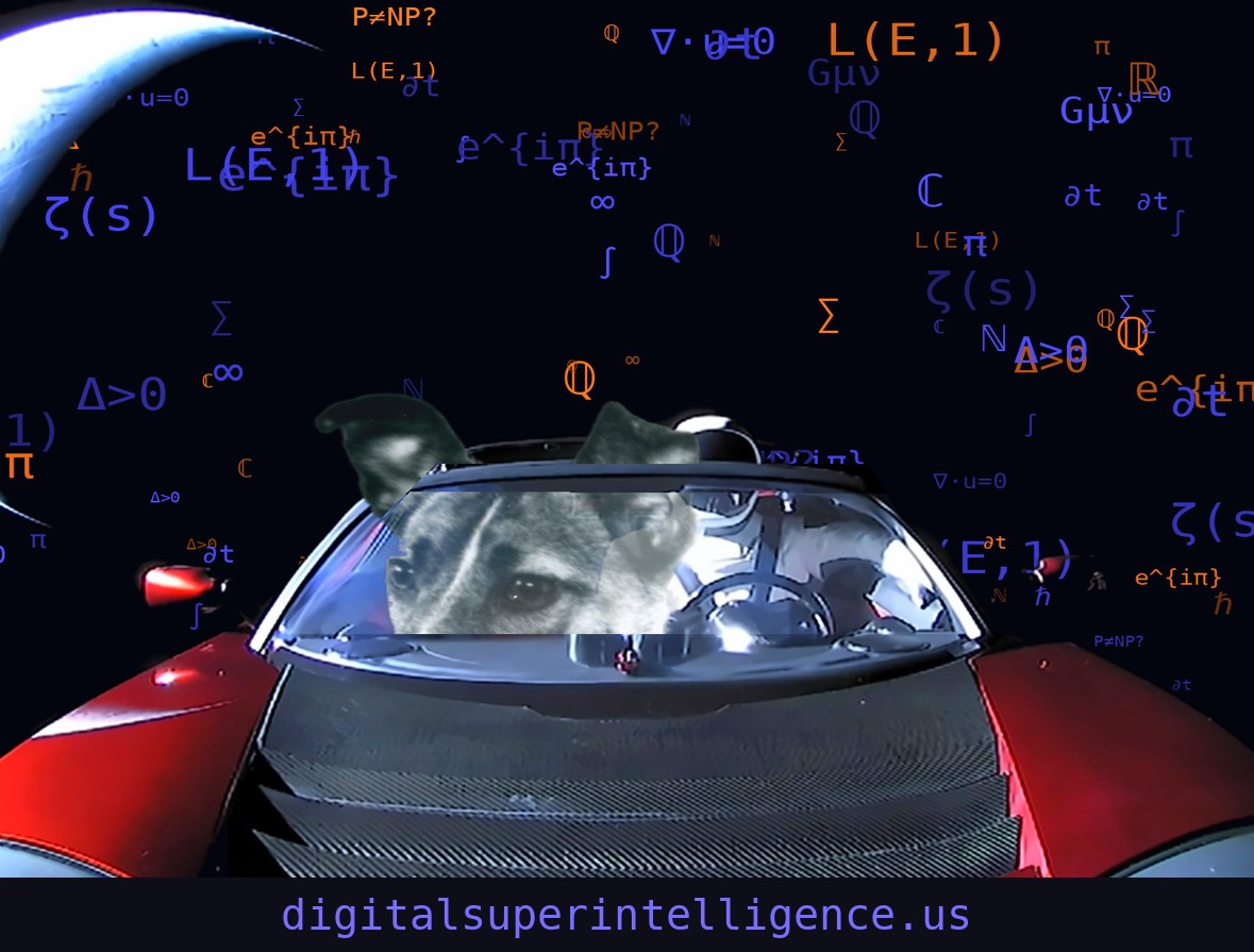 Starman and a passenger in the Tesla Roadster under the math sky